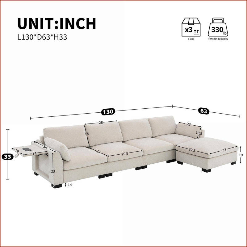 Canapé modulaire moderne en L de 130 po avec table pliante, ports USB, rangement, repose-pieds mobile | Chenille , Beige