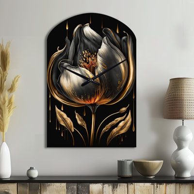 Sculpture noire et dorée en forme de tulipe grande horloge murale noire
