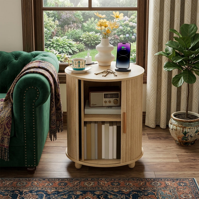 18" Round Fluted Nightstand With Charging Station - Boho Side Table With Sliding Door - 19.5" High Circular Bedside Table With Type-C & USB Ports - Natural