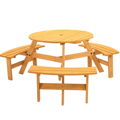 6 Outdoor Picnic Table - Brown, 35" Tabletop, 3 Benches, 1720lb Capacity, For Garden, Backyard Patio Spacious Curved Brown Look