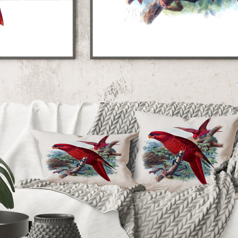 Perroquet rouge sur une branche dans la jungle - Coussin décoratif à imprimé traditionnel, 18 po x 18 po