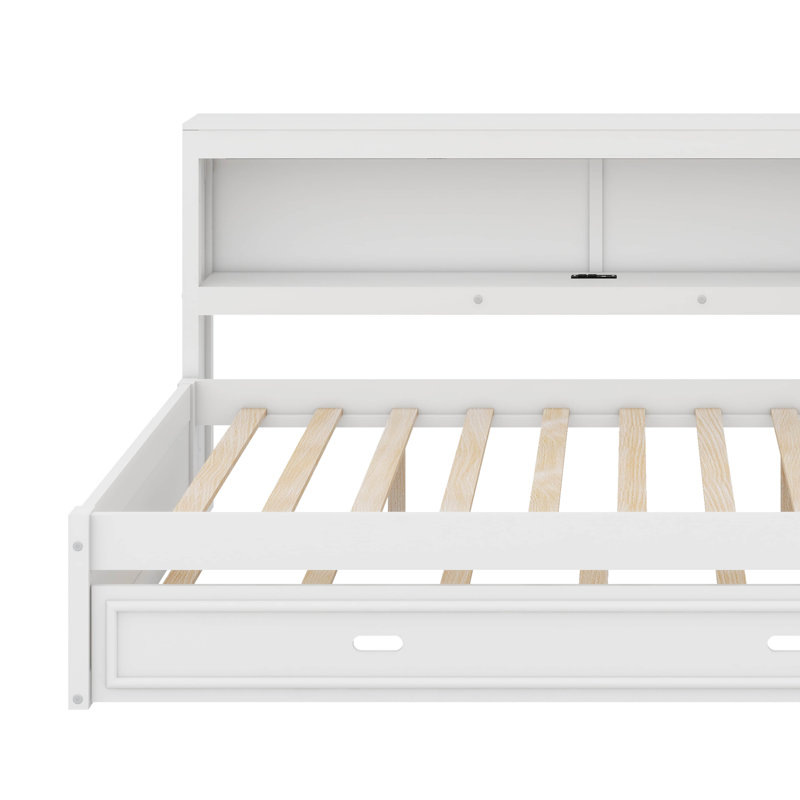 Lit de jour en bois pleine grandeur avec tablettes, USB, DEL et lit gigogne, Blanc