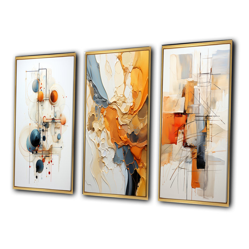 Sarcelle orange, dessin au trait, symbolisme conceptuel - art mural, ensemble de 3, Cadre flottant doré, H 40 po x l 60 po