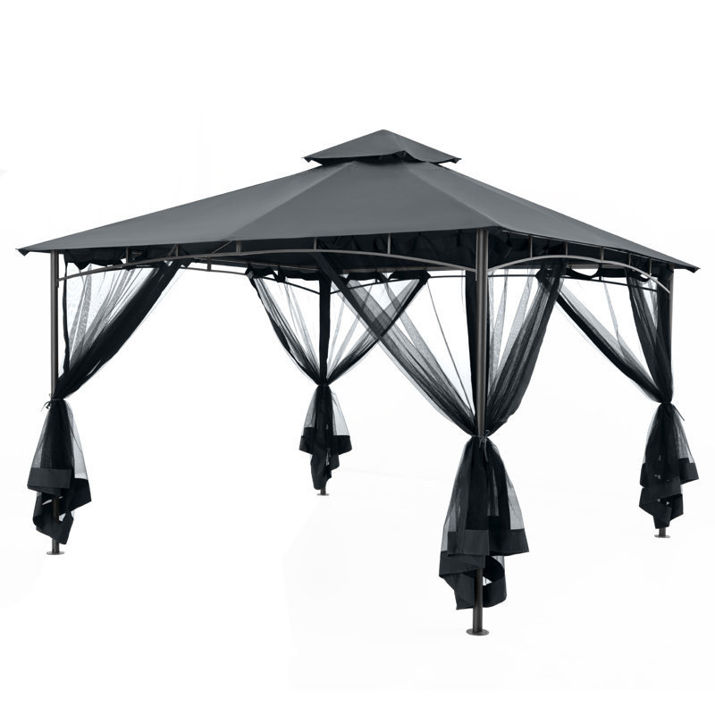 Pavillon de jardin double en métal avec toit, H 118,3 po x l 141,1 po x P 141,1 po, Gris