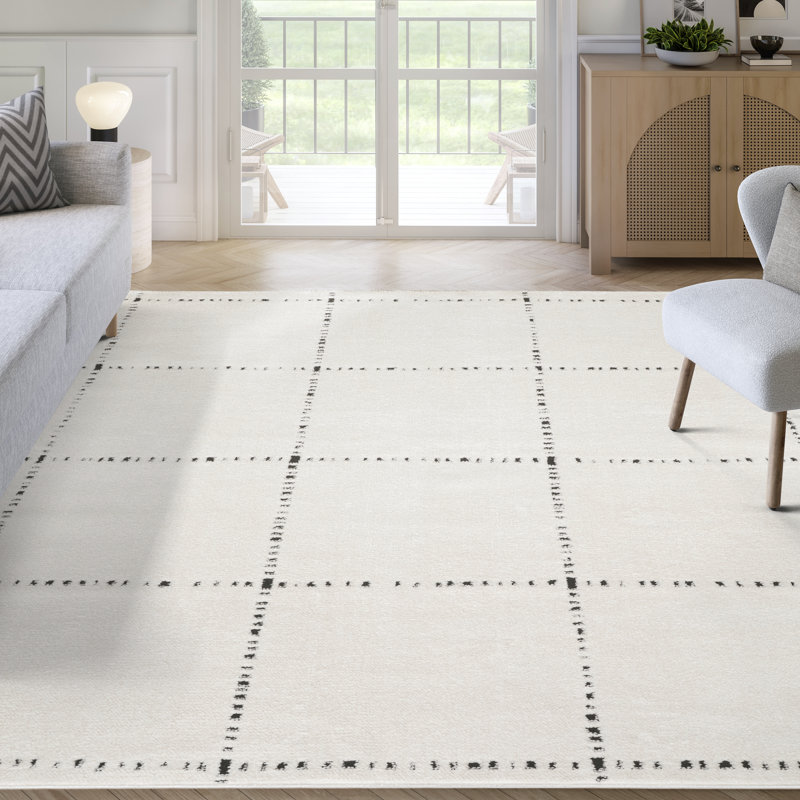 bani Orith OLV110A Modern Ivory Black Grid Pattern Minimalist Area Rug, Rectangle 4' x 6'