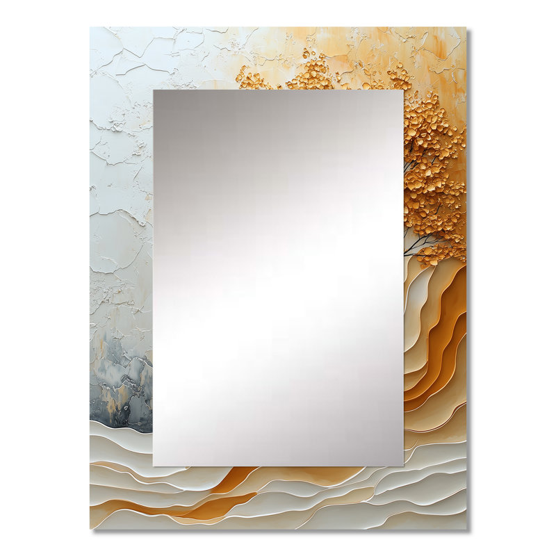 Wjhite And Gold Minimalist Basswood I - Amercian Basswood Mirror, Traditional Decorative Wall Mirror, Printed Metal Art