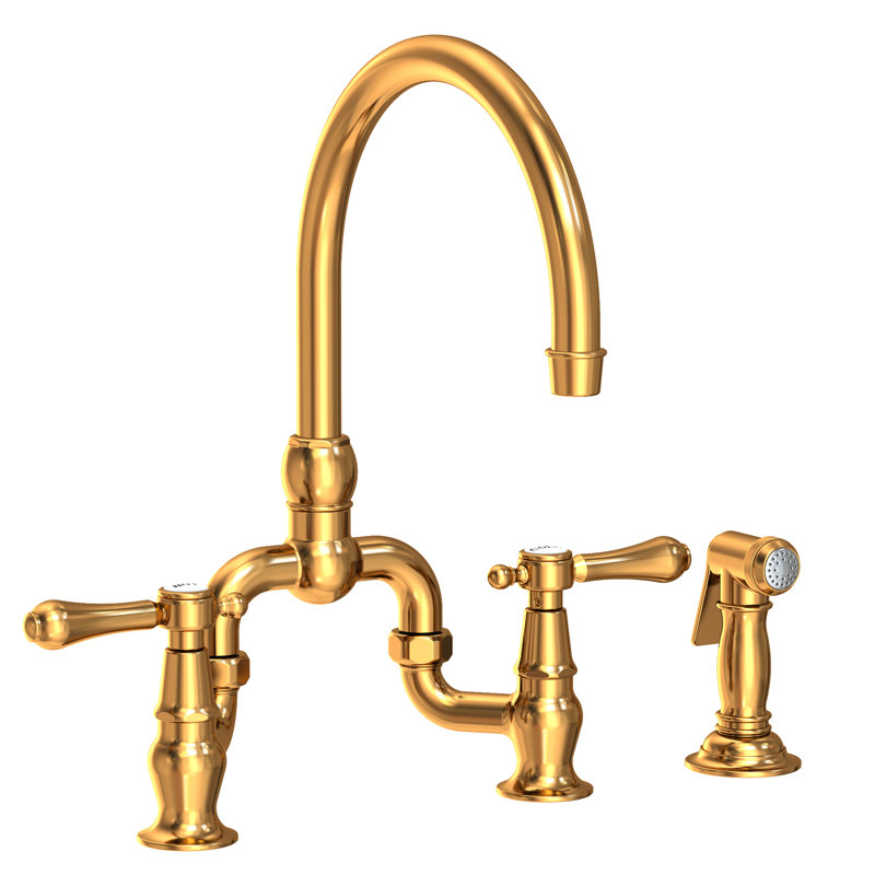 Chesterfield Kitchen Bridge Faucet with Side Spray, Aged Brass, Lever Handle