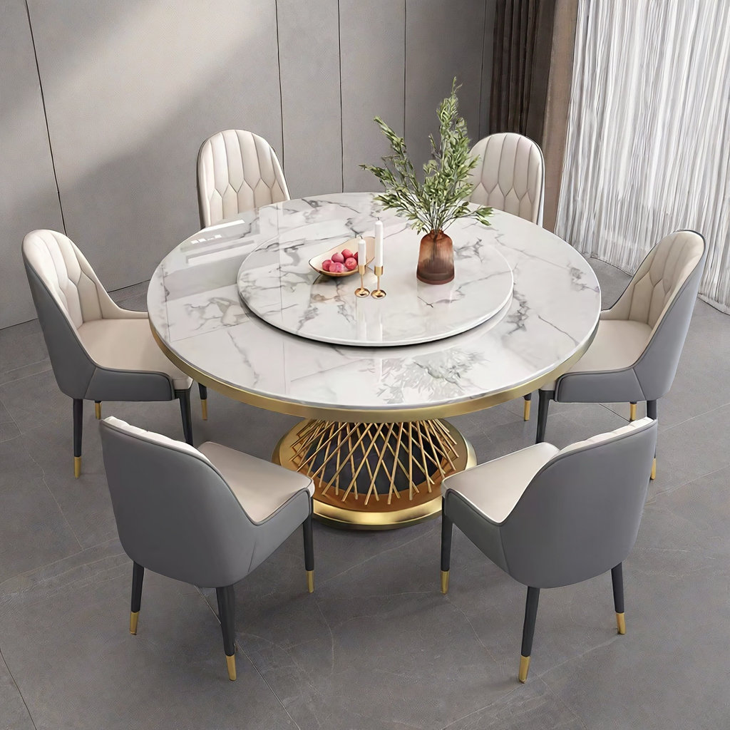 GINATOL Round Gloss Marble Stainless Steel Dining Table Sets. Wayfair