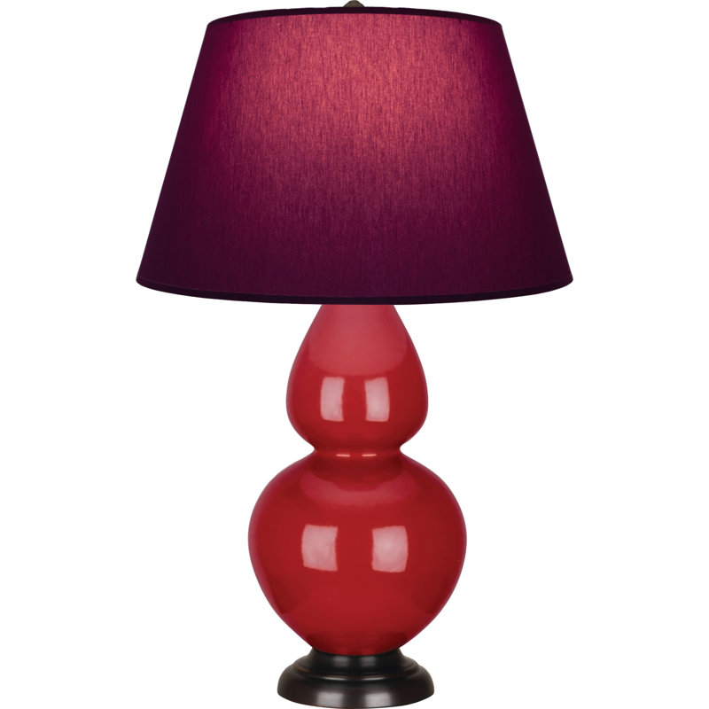 Lampe de table double gourde en céramique, Prune / lavande, Rouge rubis émaillé / bronze, Bronze