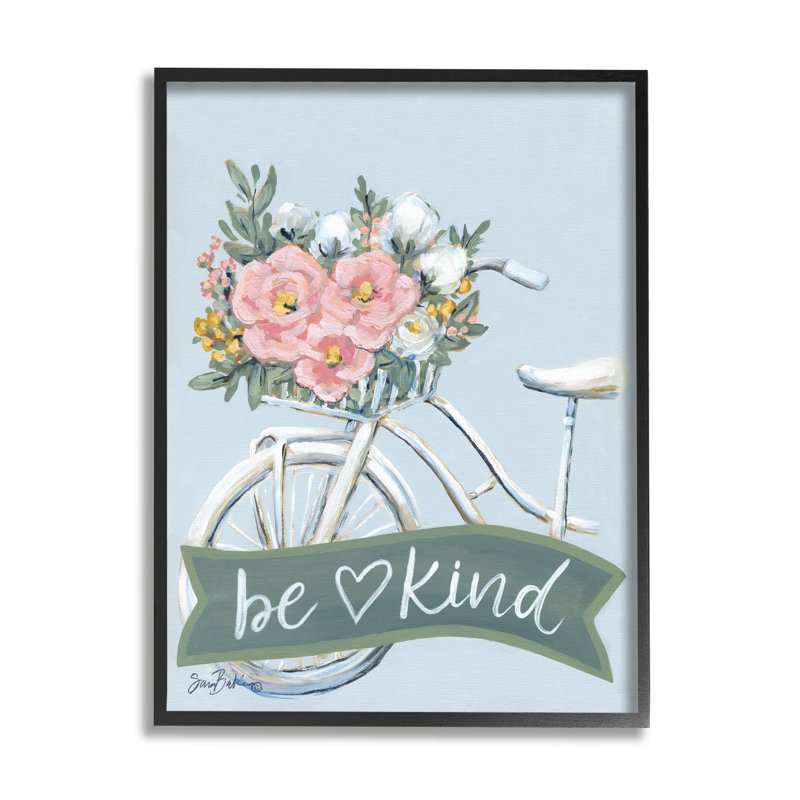 "Be Kind", bicyclette florale encadrée sur bois par Sara Baker, impression, Giclée encadrée noir minuit