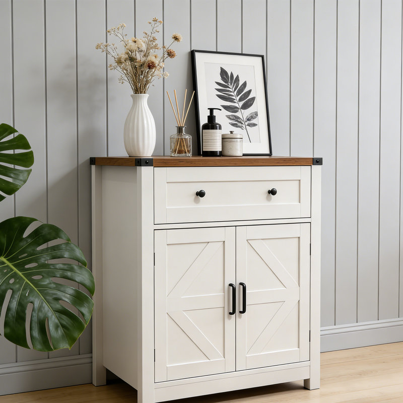 Kitchen Storage Cabinet,Modern Farmhouse Buffet Cabinet With Storage,Coffee Bar With Drawer And 2 Doors, White