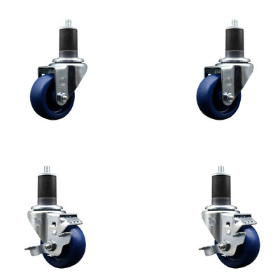3 Inch Solid Poly Wheel Swivel 1-5/8 Inch Expanding Stem Caster Set 2 Brakes SCC