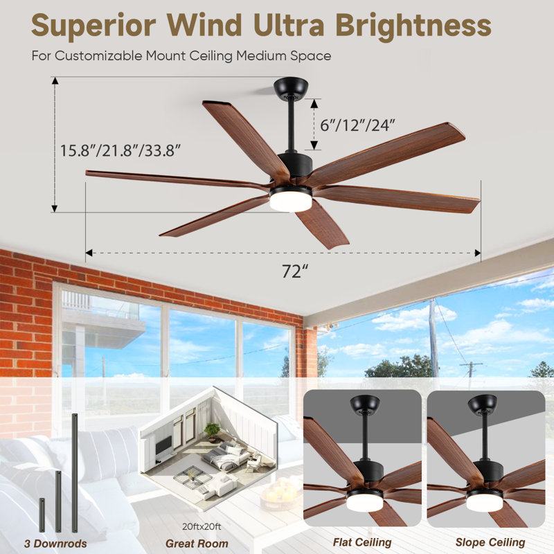 Modern Ceiling Fan With Light, 6 Solid Wood Blades Ceiling Fan With Remote, Dc Motor, 3 Color Temps, Timer & Memory, Indoor Outdoor Large Ceiling Fan, Quiet 6 Blades Ceiling Fan For Living Room Bedroom Kitchen Covered Gazebo