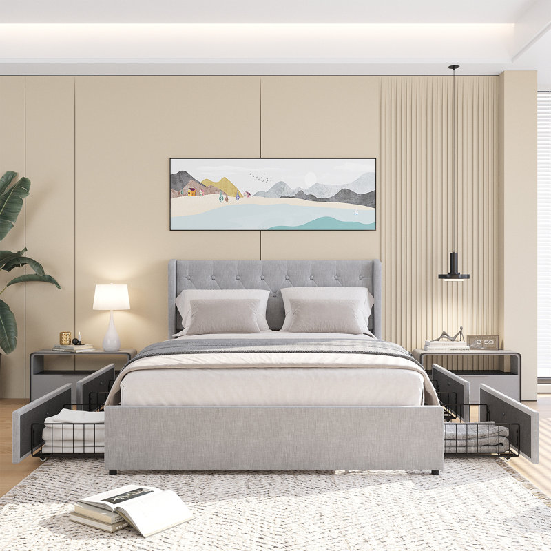 Taille de lit avec 4 tiroirs de rangement et tête de lit à oreilles, conception capitonnée, Gris clair, Grand lit