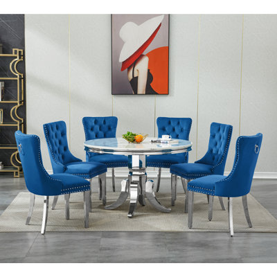 44.88" Round Dining Table Set for , Kitchen Table with Faux Marble Top, Dining Room Table & Velvet Chairs with Stainless Steel Pedestal, Piece Dining Table Set