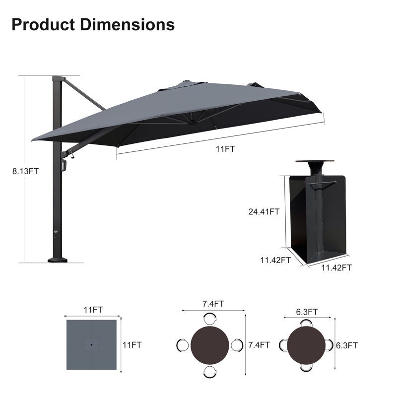 Parasol en porte-à-faux carré 11 pi avec base relevable à manivelle ShalIni, gris, Gris