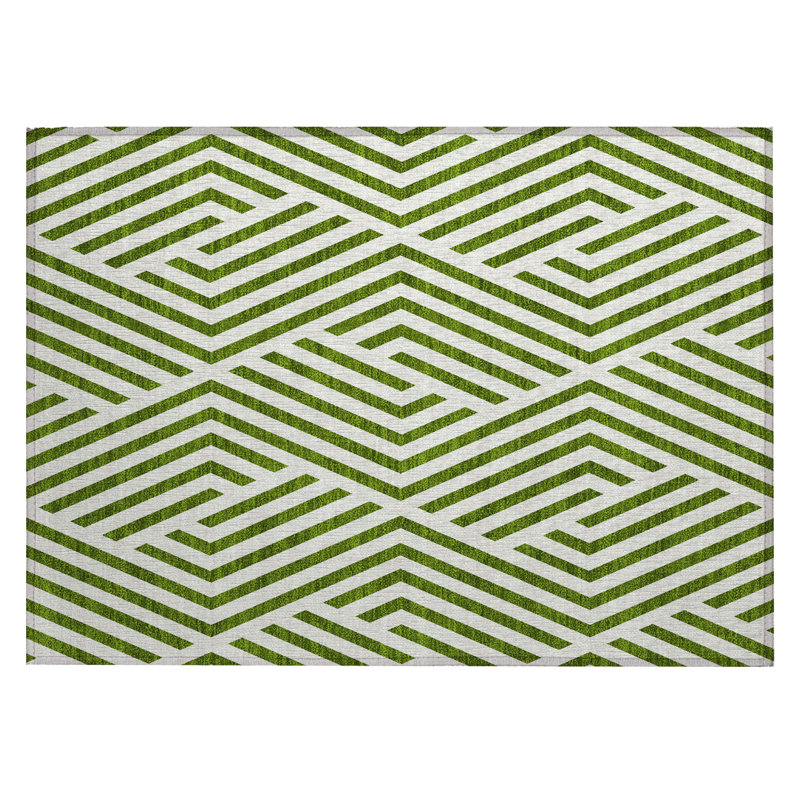 Tapis extérieur lavable antidérapant géométrique vert lime et blanc 2 pi x 3 pi