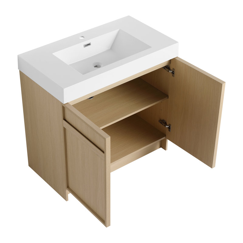 Meuble-lavabo autoportant avec lavabo en résine et 2 portes à fermeture en douceur, meuble-lavabo pour la maison, appartement