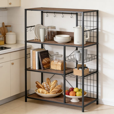 Étagère de boulanger industrielle avec prise de courant et rangement, organisateur de tablette de cuisine multifonctionnel avec support pour micro-ondes, paniers grillagés et crochets