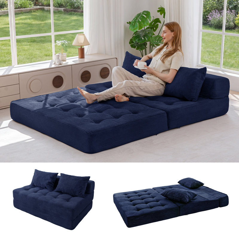 Canapé-lit pliant Corduroy, H 15 po x l 53 po x P 35,4 po, Bleu