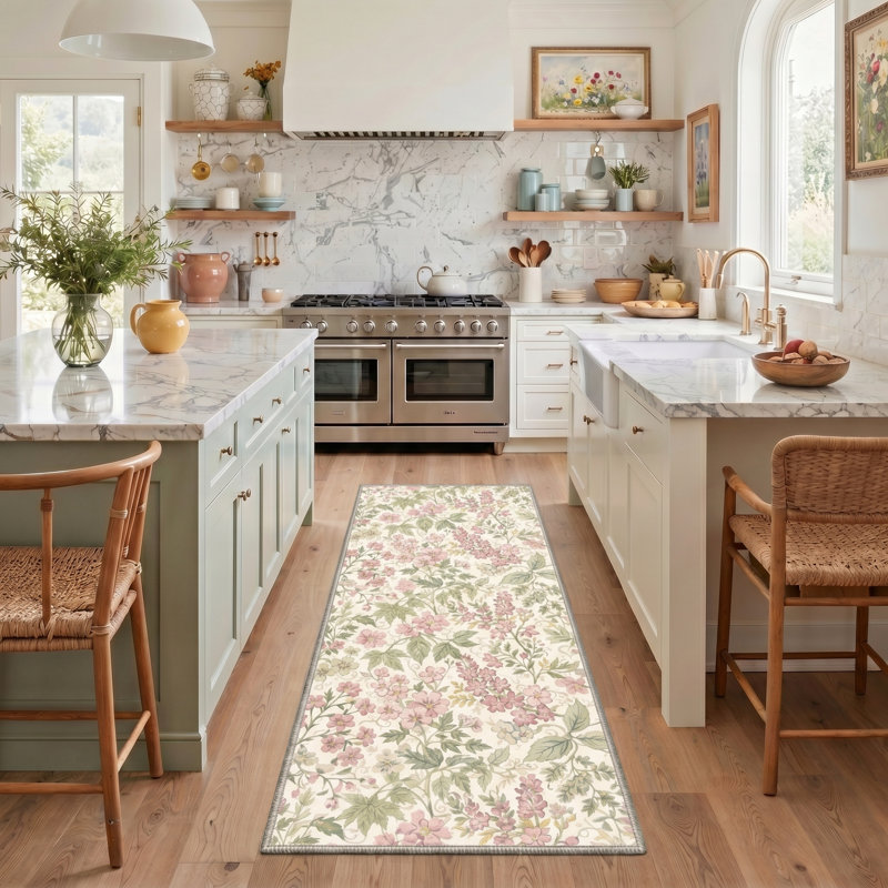  Tapis d'intérieur rose / beige / vert lavable à la machine Aura avec envers antidérapant, Rose cendré / vert