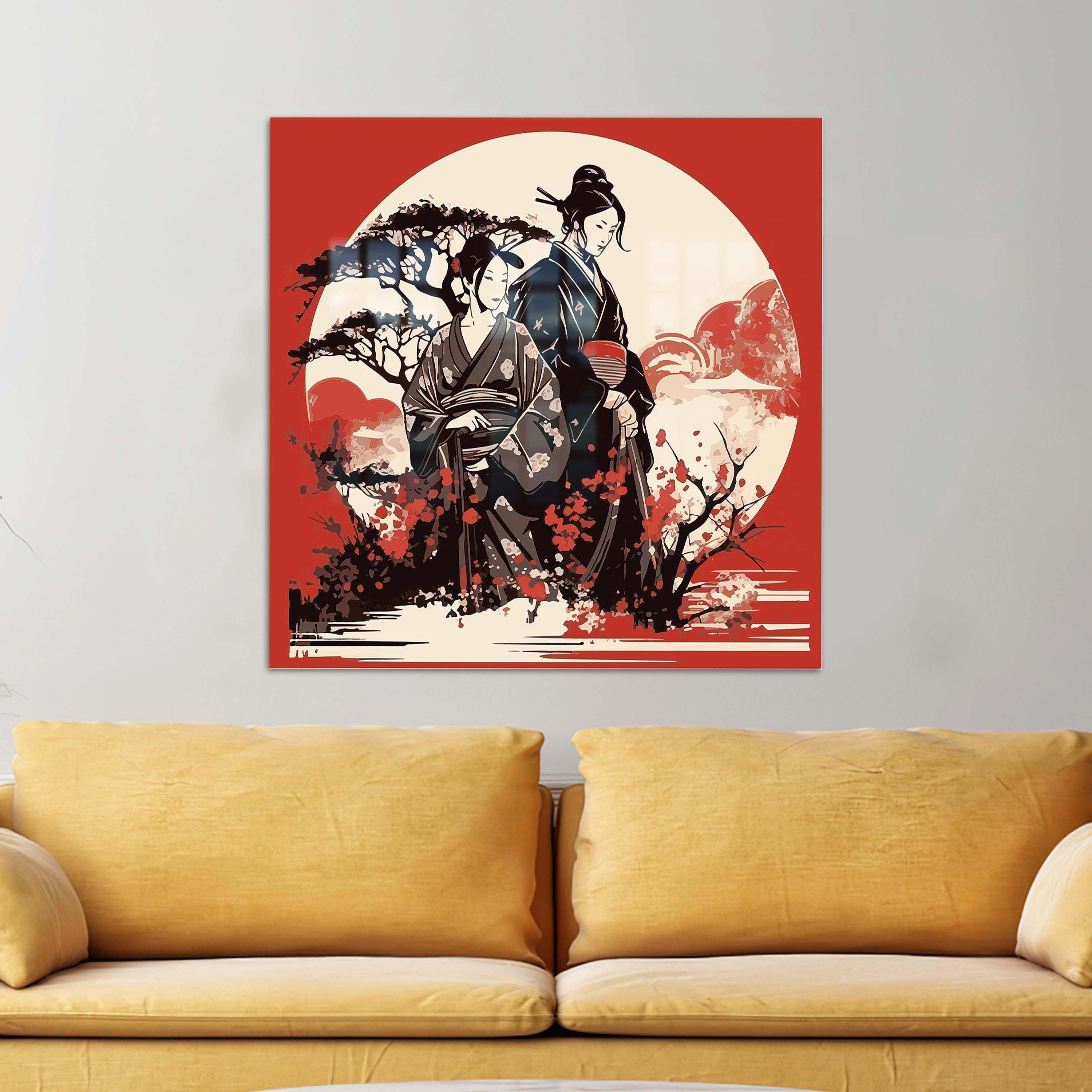 Japanese Themed Modern Art Glass Wall Decor Featuring Geisha and Samurai for Bedroom and Living Room Red Barrel Studio Size: 31.5\, image size:3000x3000
