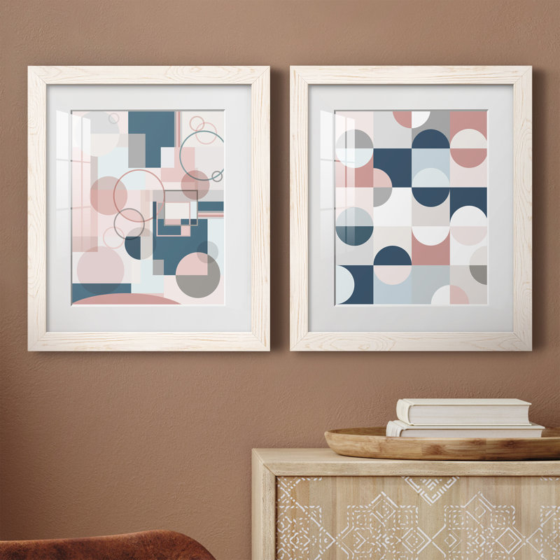 Modern Geo - ensemble de 2 peintures, Papier encadré blanc, H 20 po x l 34 po x P 1,5 po