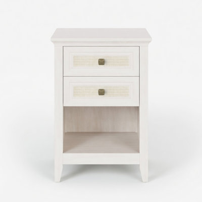 Table de chevet 17,7 po en rotin blanc - table de chevet Boho avec 2 tiroirs et tablette de rangement - grain de bois blanc grisâtre