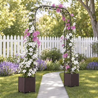 7.5ft Garden Arch Trellis with Deep Planter Boxes for Climbing Plants – PE-Coated Metal Arbor for Outdoor Decor, 59''W*15.7''D*90.5''H
