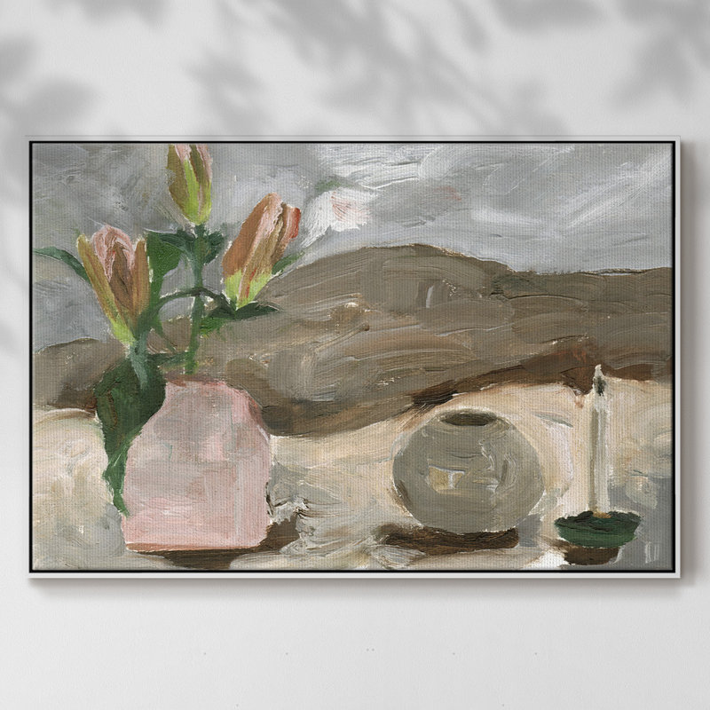 Vase de fleurs roses en V - imprimé, Toile encadrée flottée blanche, H 25 po x l 37 po x P 2 po