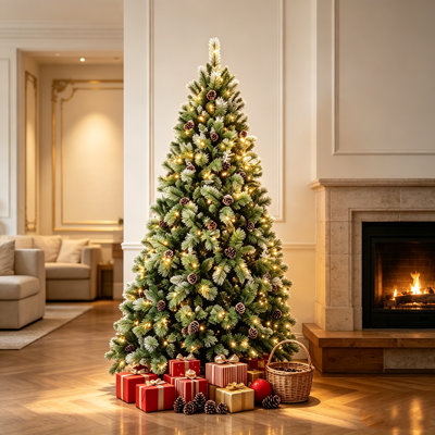 Full Lush 6ft Artificial Christmas Tree, Pre-Strung Warm White LEDs, Realistic Pine Cones, Hinged Branch Design for Fast Setup, Seasonal Home Decorati