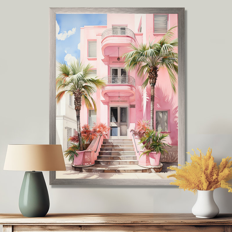 Zappha Pink Miami Artful Facades II - Miami, art mural, Cadre simple argenté, H 40 po x l 30 po x P 1,5 po