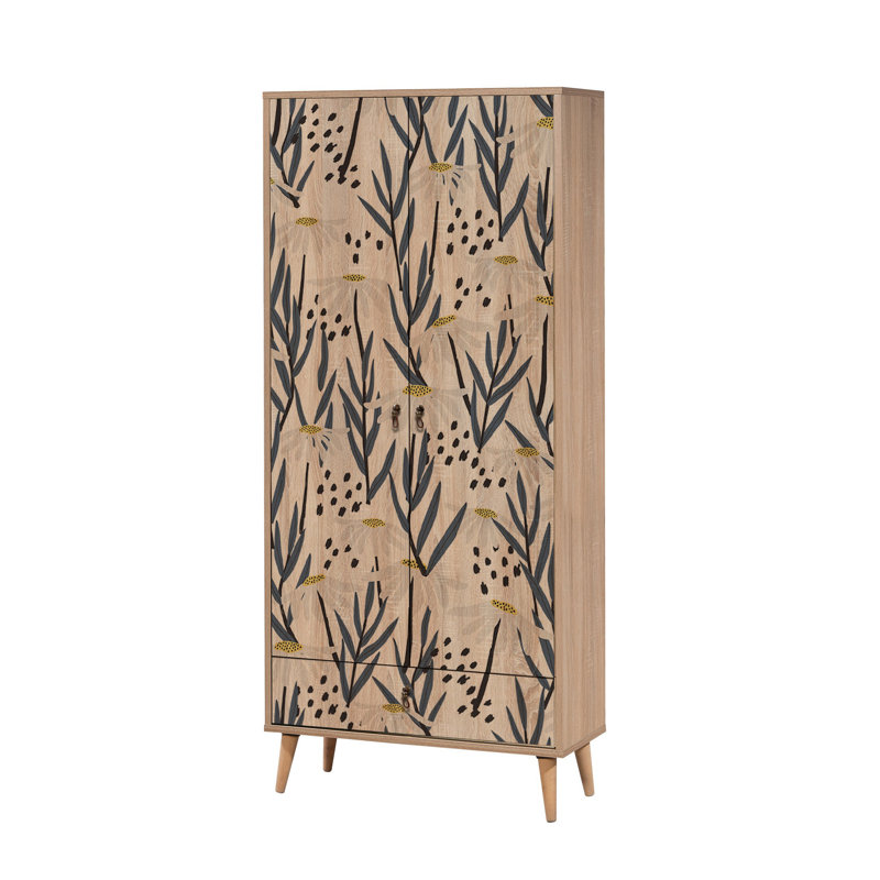 Modern Wardrobe with Wooden Legs, 31.5 x 75.0 x 17.7 inches | 100% Melamine Coated Particle Board, UV Digital Printing | Features Numerous Shelves, Wall-Mountable, Stylish Flower Design for Extra Storage