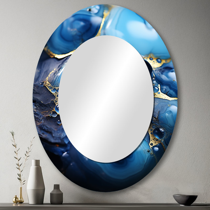 Or et saphir bleu marbre mosaïque I - miroir mural moderne ovale, H 43 po x l 33 po