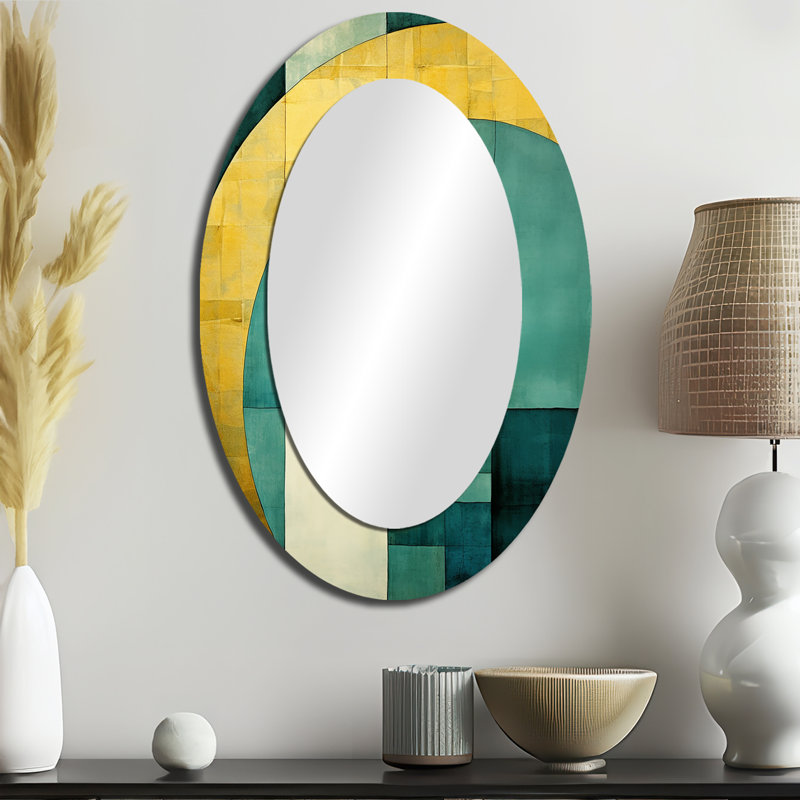 Emerald And Golden Arches I - Abstract Oval Decorative Mirror On Metal, 36" x 24"
