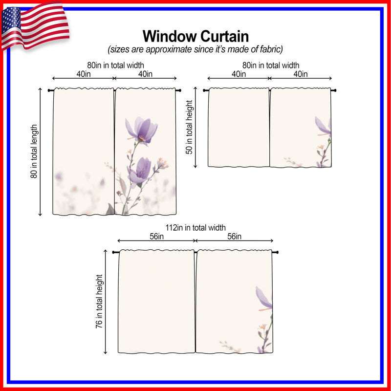 Rideaux de fenêtre mauve mauve Wildflowers, 20 po x 50 po - 2 panneaux, Room Darkening