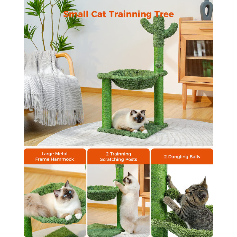 33'' Cactus Cat Tree With Hammock, Scratching Posts, And Play Ball, Perfect For Small And Medium Cats, Indoor Cat Furniture