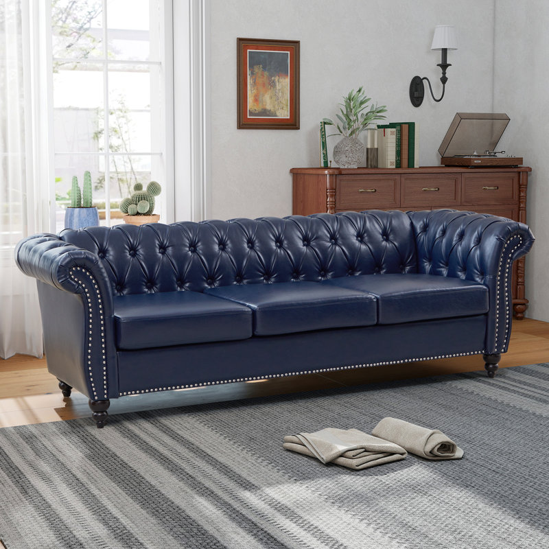 Canapé Chesterfield 84,65 po Elaiza, H 29 po x l 84 po x P 32,5 po, Bleu, Noir