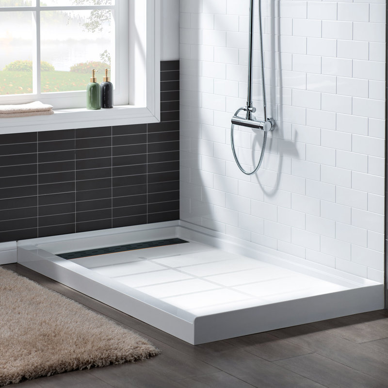 60" W x 30" D  Solid Surface Single Threshold Shower Pan Base with Drain Assembly & Drain Cover Included, Non-Slip, Right
