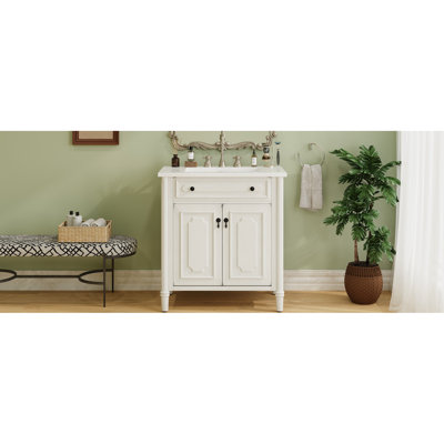 Antique White 31" Bathroom Vanity With Spacious Storage, Adjustable Shelves, And Materials For Long-Lasting Use 31-Inch Rectangle Ceramic Sink, Soft-Close Hinges A Comfortable