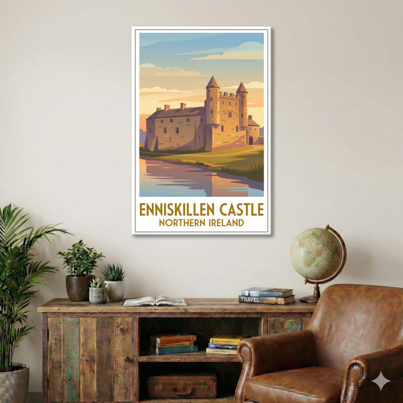 Enniskillen Castle, Northern Ireland - Romantic Travel Poster in Warm Sunset Hues. Giclee Print on Wrapped Canvas. Wall Art, Home Decor - Castles & Palaces, Northern Ireland 1 Piece Wrapped Canvas Wall Art