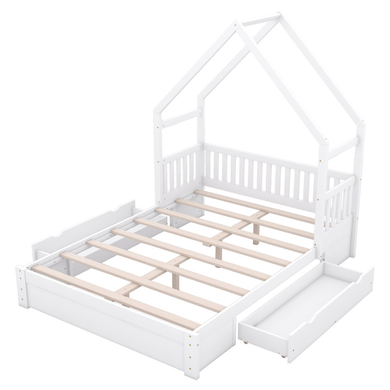 Wood House Platform Bed with Guardrail and 2 Drawers, White