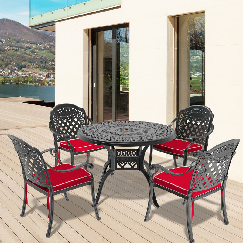 Ensemble de meubles de patio en aluminium coulé avec cadre noir et coussins de siège rouges (même SKU: W1710S00064)