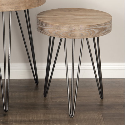 Clearfield Wooden Round Brown Side End Accent Table with Black Metal Hairpin Legs