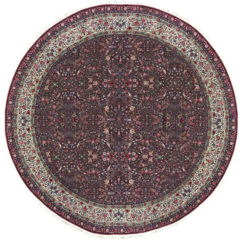 Tapis rond de qualité prune et ivoire noué à la main