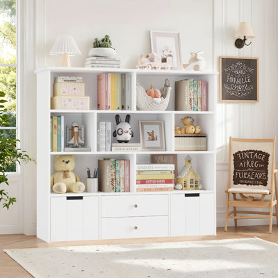 📖 63”W 35.4”H Kids Bookcase with Cozy Reading Nook, Toy Storage Bins & Rolling Drawers - A Toddler Bookshelf That Organizes, Displays, and Inspires D