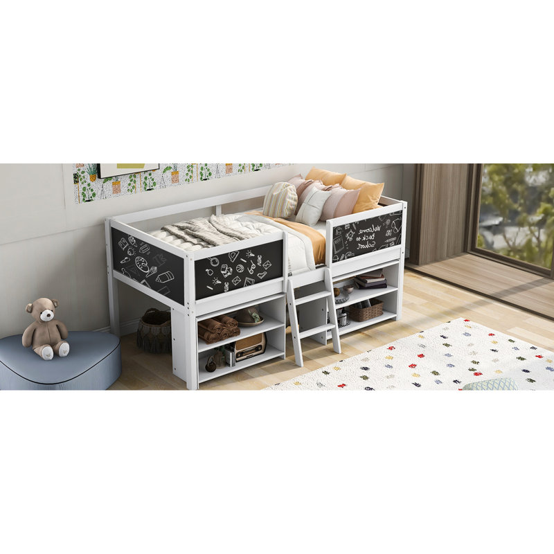 Twin Size Low Loft Bed With Stable Structure, Movable Shelves, & Chalkboard Chalkboard, Shelves And - Bedroom Comfort