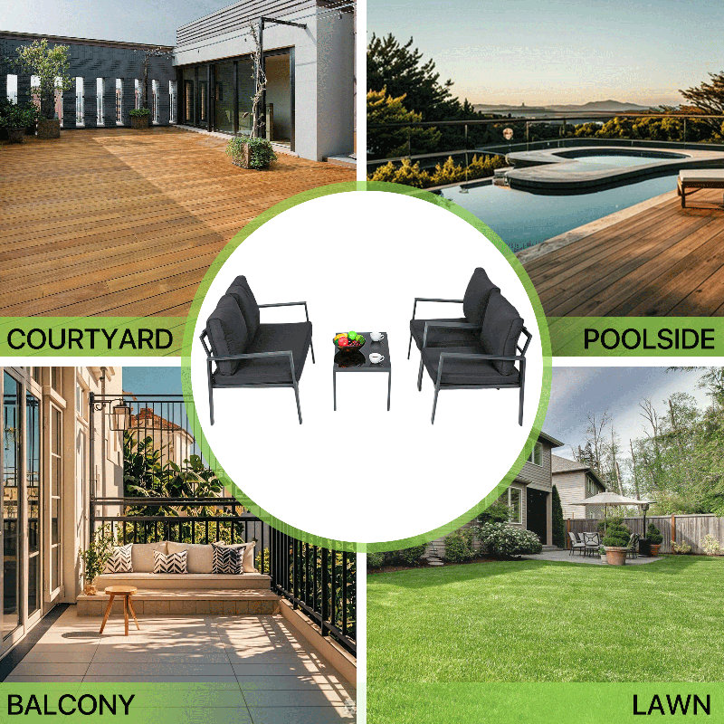 Steel Frame Patio Furniture Set with 2 Chairs 1 Loveseat & Tempered Glass Coffee Table - 4-Piece Outdoor Conversation Set with Teslin Cloth Cushions for Backyard Garden or Patio