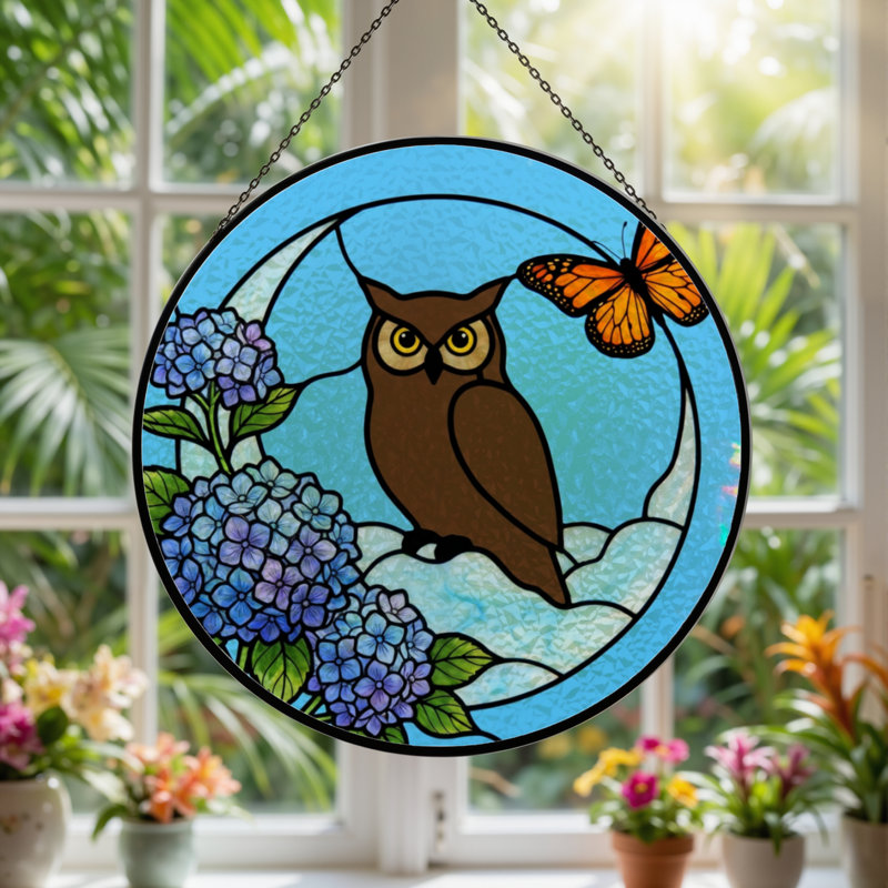 Panneau de vitrail 12 "H Owl Butterfly, H 12 po x l 12 po