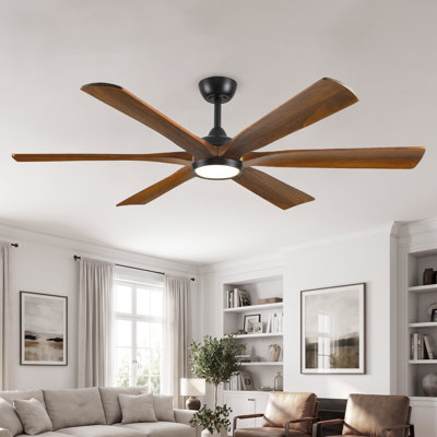60"/72" Solid Wood Ceiling Fan with Light, 6 Blade Natural Paulownia Wood Design, Black Body Finish, Quiet Reversible Energy-Saving DC Motor, Dimmable LED, Remote  Control, 3 Downrods,for Living Room, Dining Room & indoor Commercial Spaces